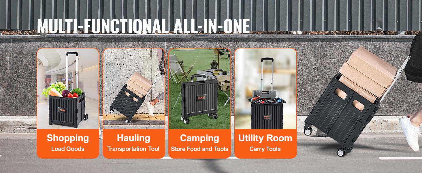 VEVOR Foldable Utility Cart, 110 lbs Load Capacity, Folding Portable Rolling Crate Handcart with Heavy Duty Telescoping Handle and 4 Rotate Wheels for Travel Shopping Moving Luggage Office Use, Black