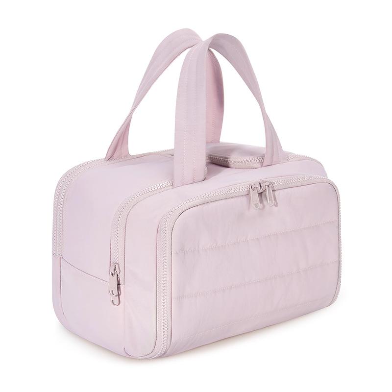Women's Puffy Nylon Fabric Travel Toiletry Bag, Lightweight Large Makeup Organizer with Handle, Water-Resistant Wide-Open Dual Compartment Gym Storage Case for Holiday Overnight Use