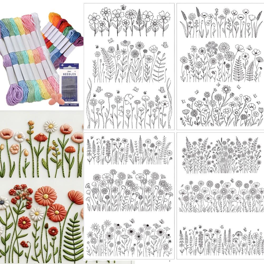 4 Sheets Preprinted Flower Embroidery Pattern Paper,Self-Adhesive Water Soluble Stabilizer Kit with Floral, Botanical & Alphabet Designs, Complete with Embroidery Floss & Needles for DIY Handmade Craft Supplies