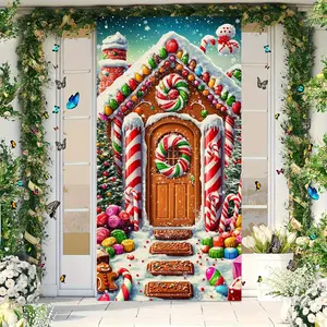 Christmas Door Banner Backdrop, Starry Sky Gingerbread House Snow Scene Design, Holiday Decoration for Porch Party Wedding Birthday