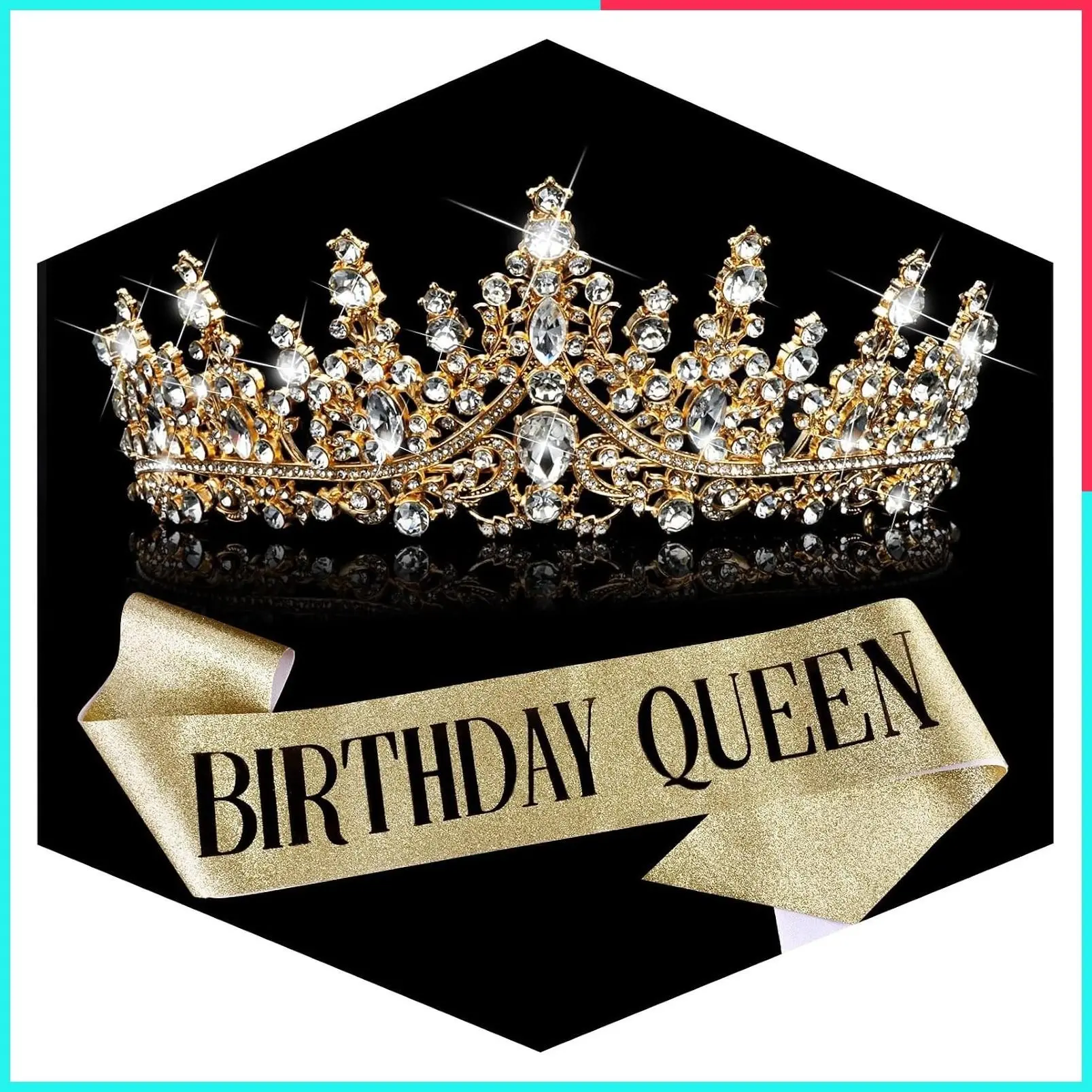 Women's Birthday Queen Sash and Gold Rhinestone Crown Tiara Set - Birthday Party Decorations & Outfit Accessories