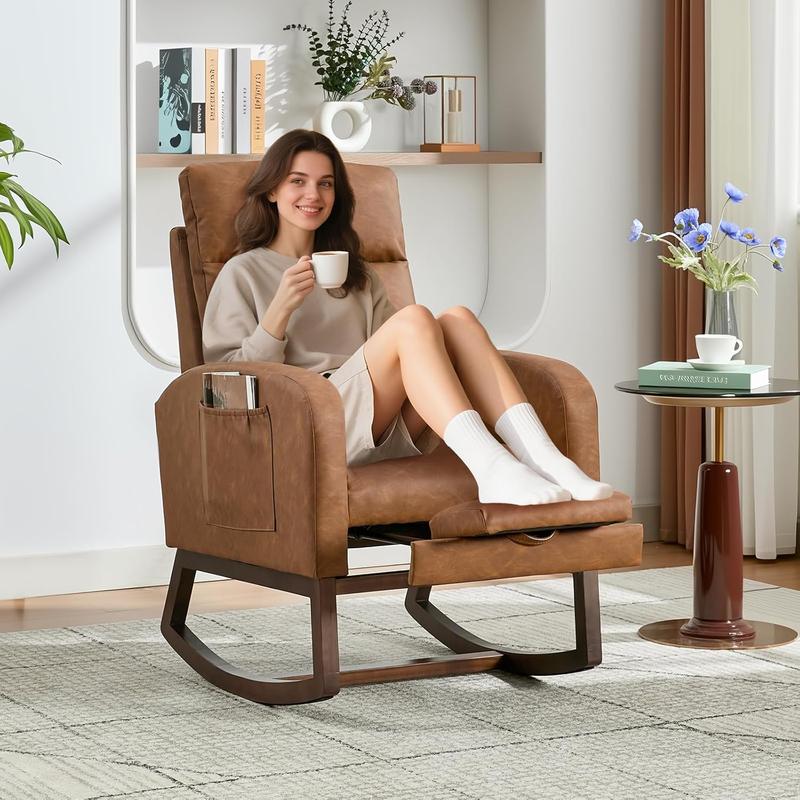Rocking Chair Nursery with Foot Rest, Modern PU Upholstered Reading Glider Rocker Accent Armchair with High Backrest, Padded Seat, Side Pocket, for LivingRoom, Bedroom, Baby Room