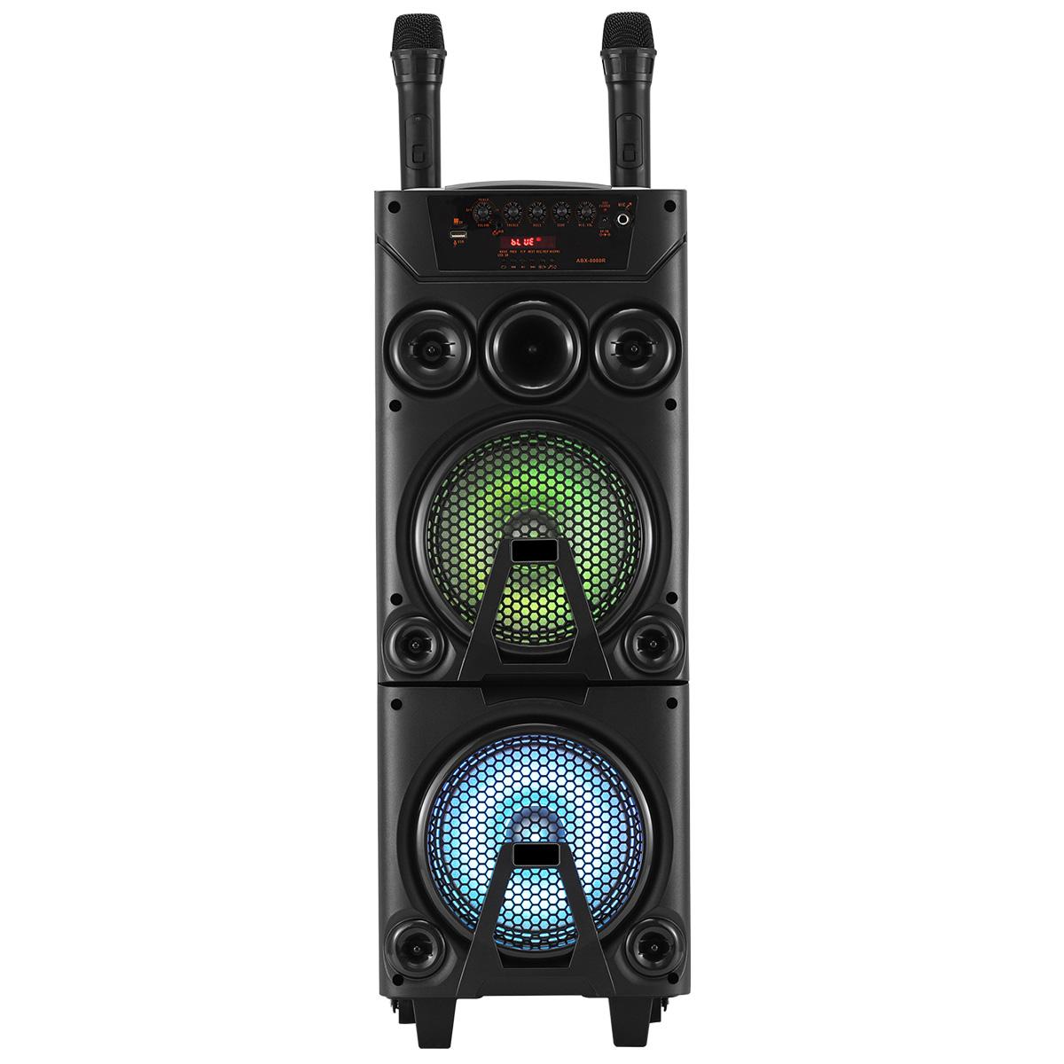 Portable Bluetooth Party Speaker Dual 8" Woofers Dual Wireless Microphones Wooden Cabinet TWS LED Light Rechargeable Stereo Wireless PA Speaker System