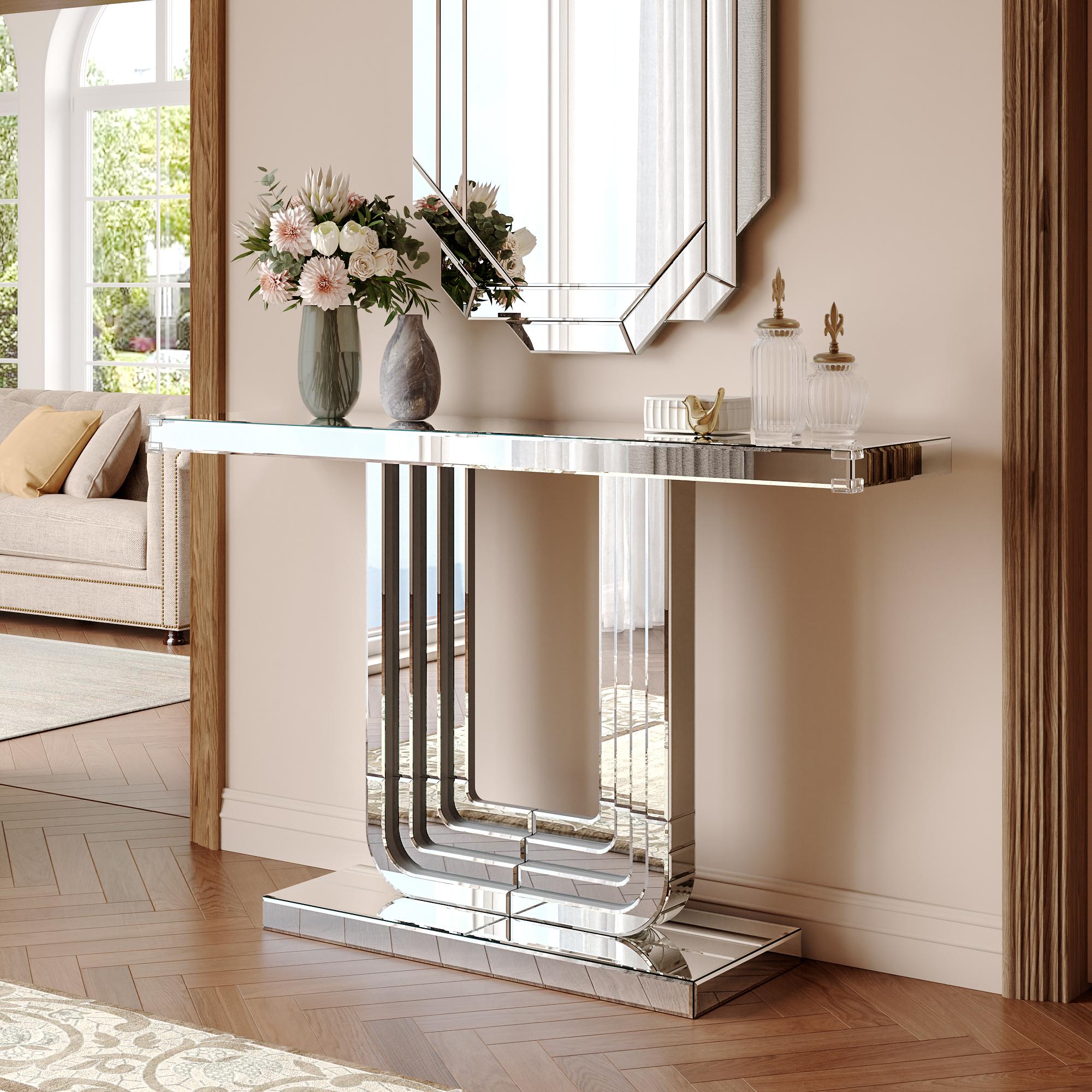 Mirrored Console Table, Silver Entryway Table with U Base & Hand-Spliced Line Design for Living Room, Hallway, Foyer, 47 Inch