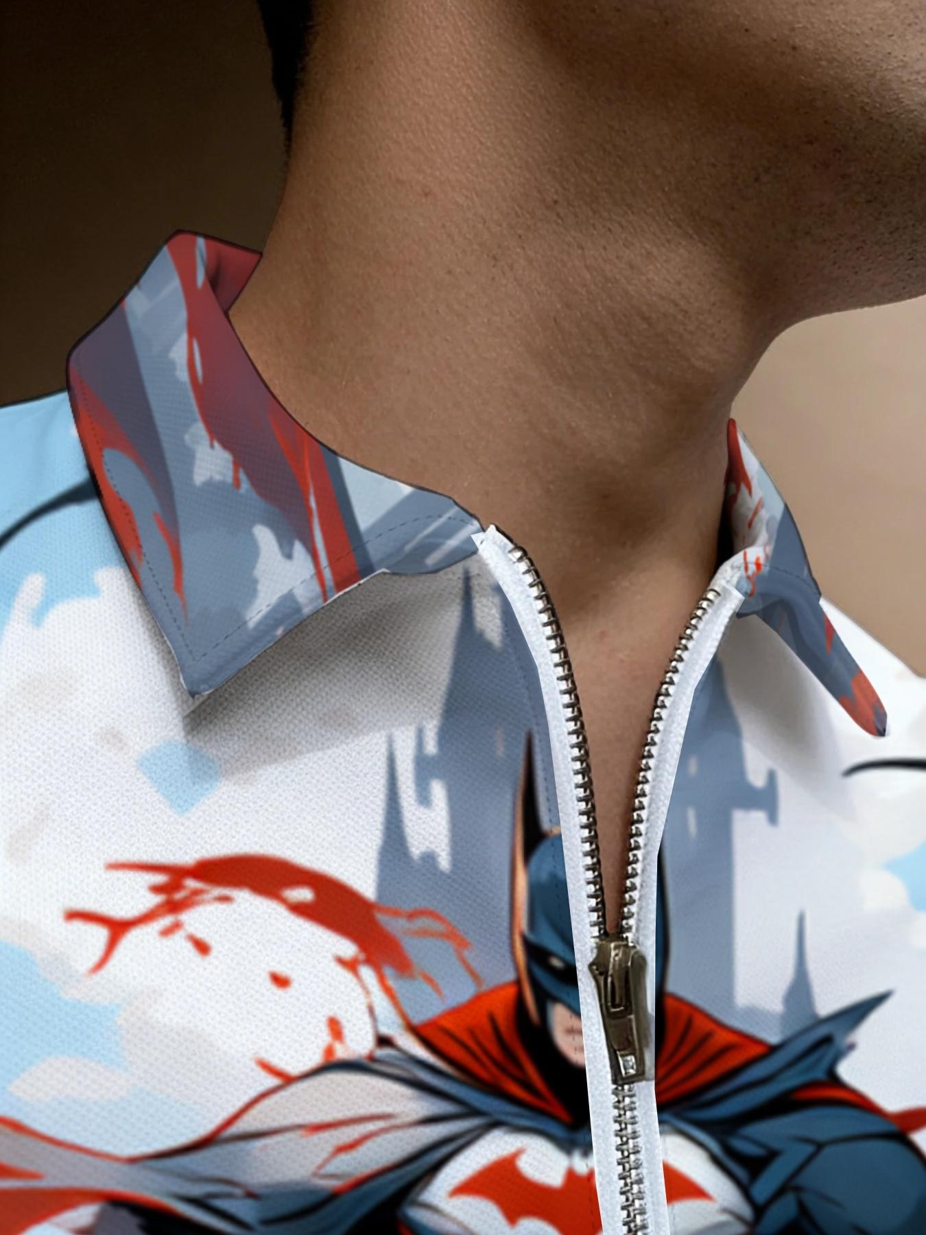 Short Sleeve Polo Shirt with Anime Style Print for Men, Casual Trendy Summer Wear, Super Hero Pattern Design