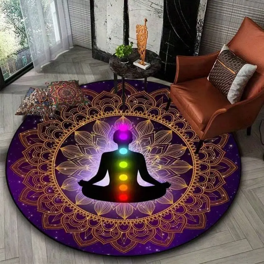 Round Flannel Rug Chakra Mandala Meditation Round Rug, Soft Flannel Material, Non-Slip Backing, Ideal For Yoga Rooms, Meditation Spaces And Cozy Home Decor.Features A Spiritual, Zen Design With Colorful Chakra Symbols And An Intricate Golden Mandala Patte