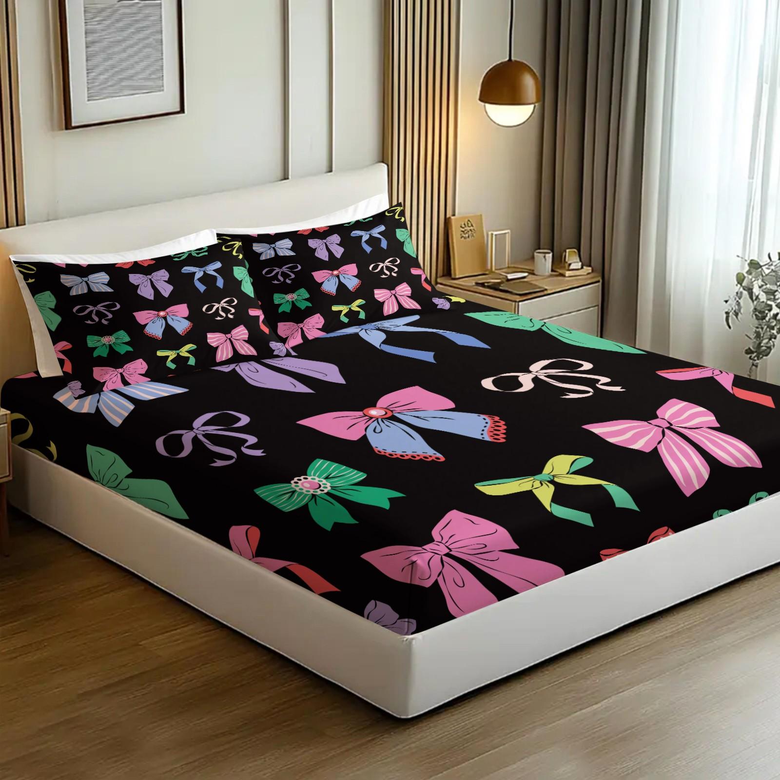3Pcs Lovely Coquette Bow Printed Fitted Sheet Set, Sweet Y2K Style Bed Sheet Set, Soft Wrinkle-Resistant Microfiber, Vibrant Digital Print, Deep Pocket Design, Ideal for Girls Bedroom, Dorm & Guest Room All-Season Decor - No Filling