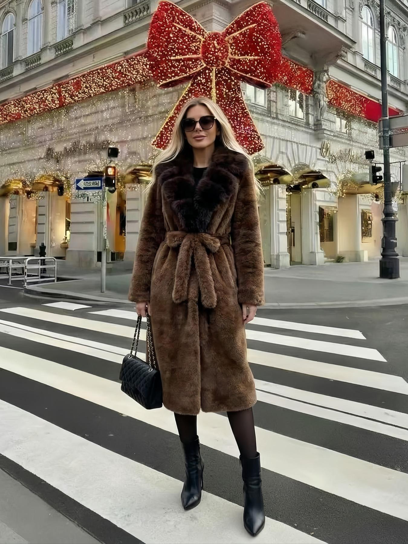 Women's Faux Fur Coat, Autumn Winter Chic Fashionable Long Sleeve Jacket, Elegant Thick Retro Loose Fit Medium-Length Outerwear