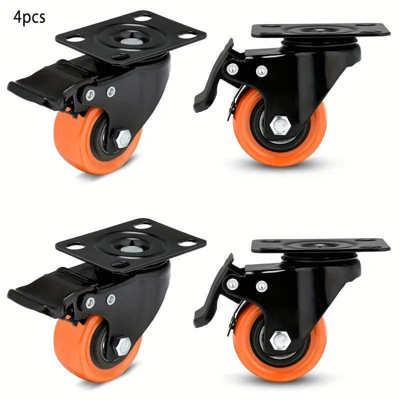 4 pack 2 inch heavy duty Industrial brake swivel casters floor plate mounted orange polyurethane casters perfect for hand trucks workbenches and furniture