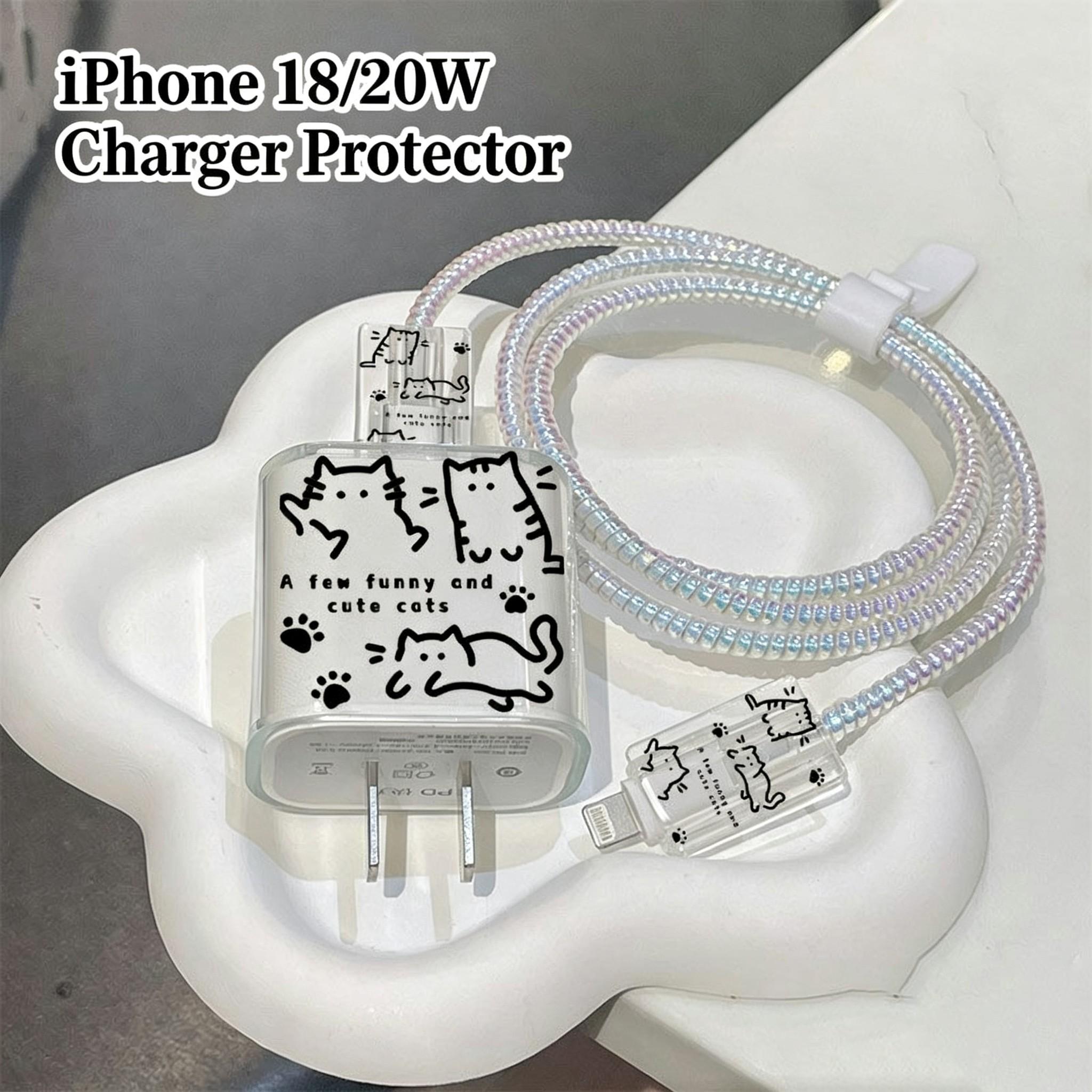 Cute Cat Charger Protection Set, Transparent Case with Paw Print Design, Spiral Cable Protector, iPhone 18w 20w PD Charging Accessories