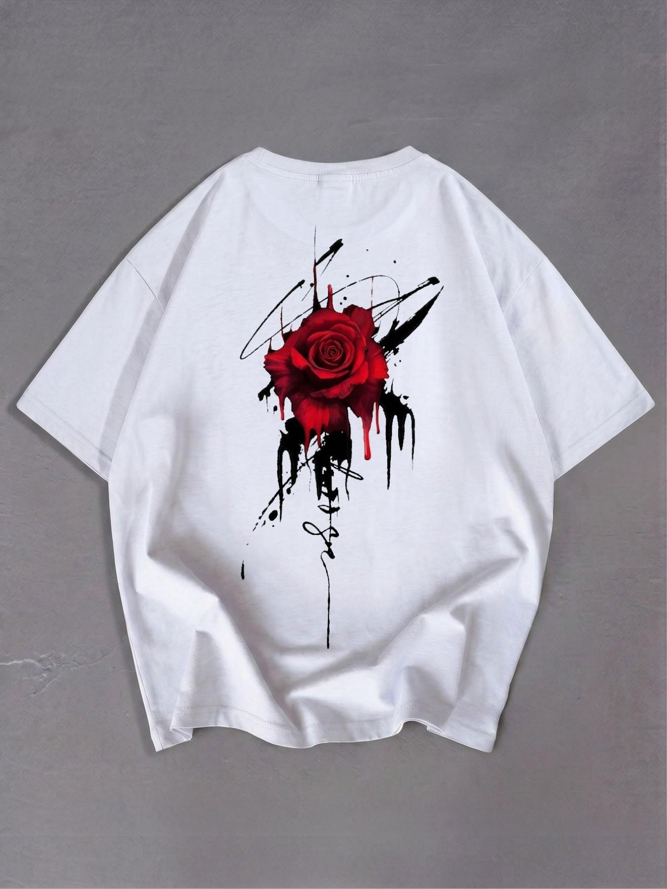 Doodle Rose Print Crop T-Shirt, Artistic Romantic Style, Casual Fitted Design, Daily Wear, Trendy Art Lover Clothing, Street Fashion