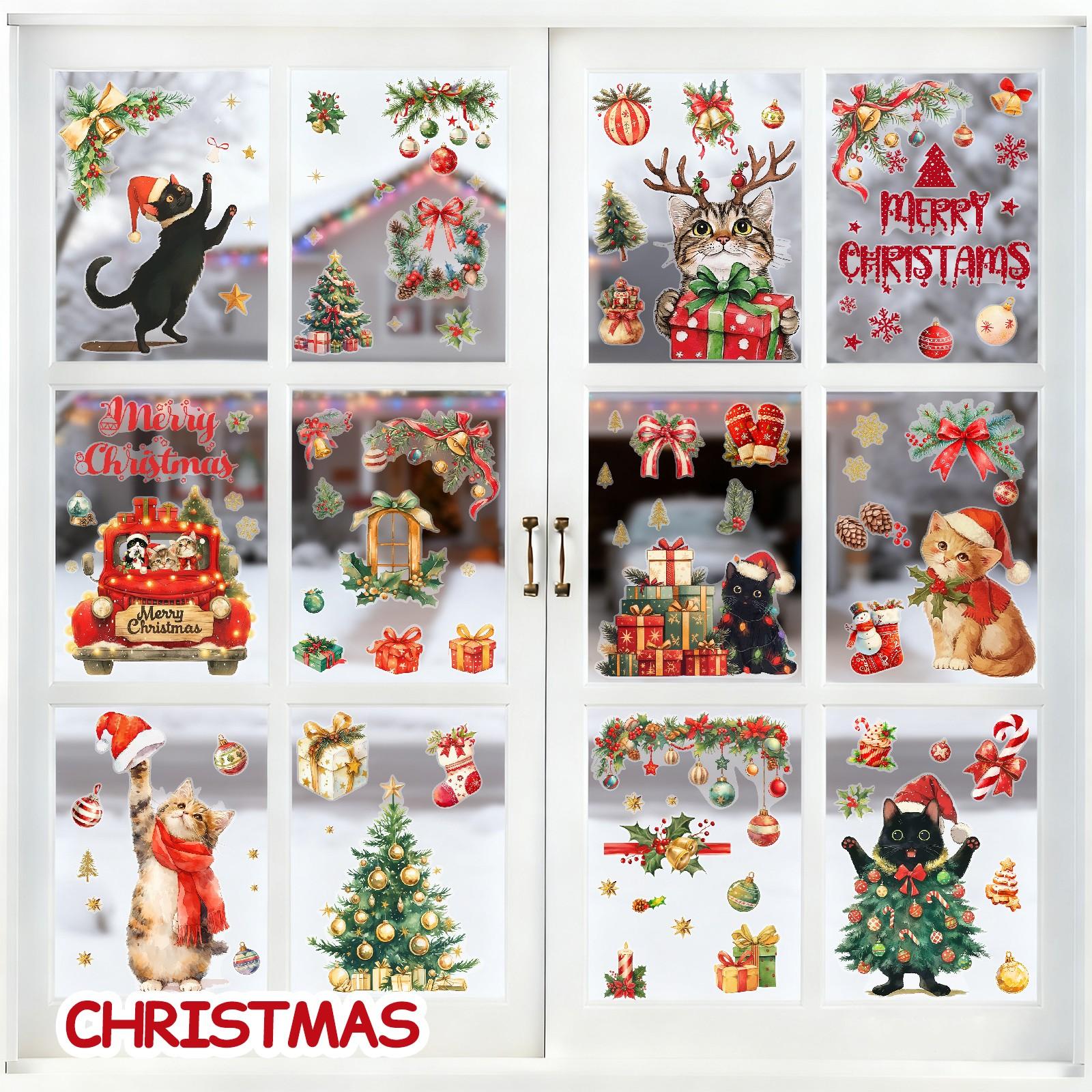Christmas Static Cling Stickers Set, 9 Sheets 11.81x7.87 Inch, Pre-Cut Removable Holiday Window Decorations, No Residue
