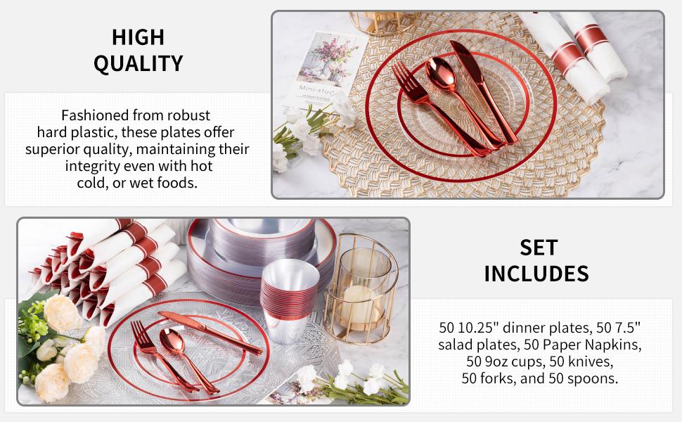 Goodluck 350PCS Red Plastic Dinnerware Set for 50 Guests - 50 Dinner Plates, 50 Dessert Plates, 50 Pre-Rolled Napkins, Cutlery & 50 Cups - BPA-Free, Sturdy & Durable, Elegant Design for Weddings, Parties & Holidays