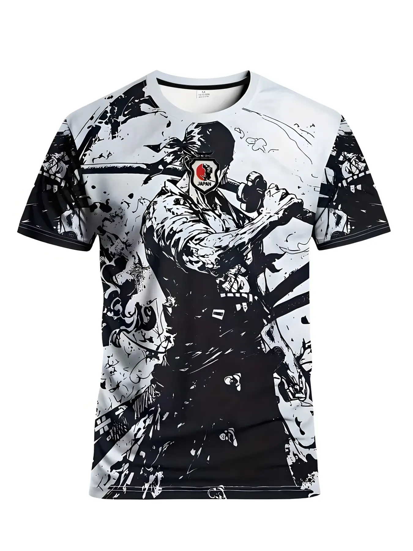Japanese Style Ink Warrior Full Print Men's Short Sleeve T-Shirt, Loose Fit Breathable Trendy Top, Streetwear Casual Sports Underwear, Bold Athletic Tee