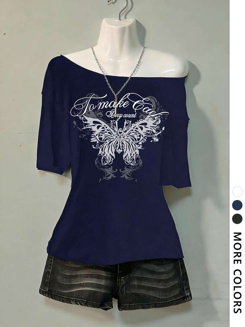 Women's Asymmetrical Neck Digital Print Summer Casual T-Shirt, Vintage Campus Style, Fashion Trend Letter Design Women's Asymmetrical Neck Digital Print Summer Casual T-Shirt, Vintage Campus Style, Fashion Trend Letter Design