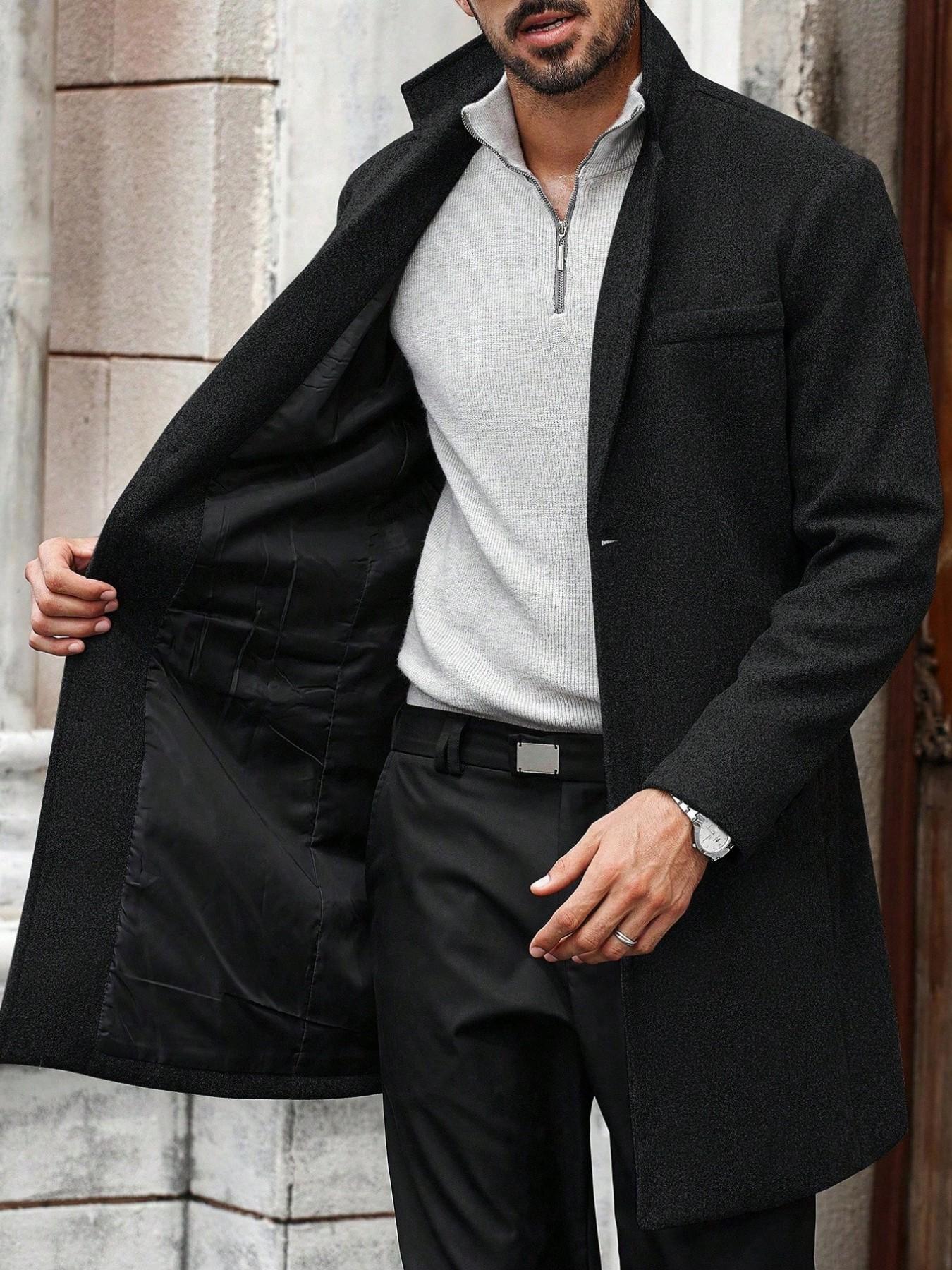 Men's long coat in a wool-blend fabric; a sophisticated, cold-weather staple for autumn and winter. Featuring a minimalist, classic design and a relaxed fit that flatters all body types.