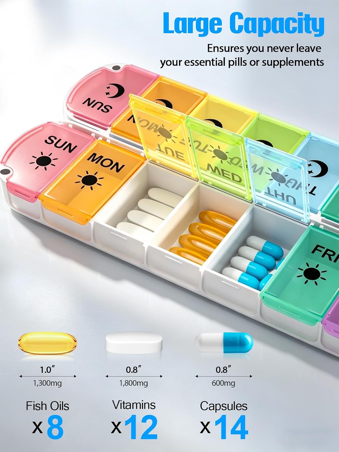 Pill Organizer 2 Times a Day,Foldable Weekly AM PM Pill Case,Large Pill Box | Easy to Open,Never Spill Pills,Magnetic Travel Medicine Pill Organizer 7 Day,Day Night Pill Container for Vitamin Supplement