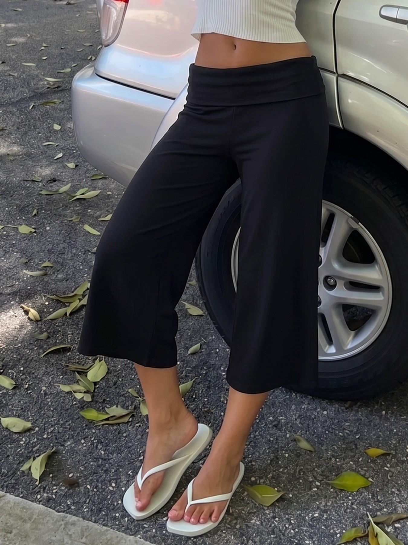 Women's Mid Low Waist Elastic Turn-Up Leggings, Casual Loose Fit Capri Pants, Comfortable Spring Summer Yoga Wear, Available in 6 Colors