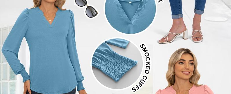 ANRABESS Women's Puff Long Sleeve Shirts V Neck Loose T-Shirts Dressy Casual Work Blouses 2025 Fall Tops Trendy Clothes Outfits Womenswear