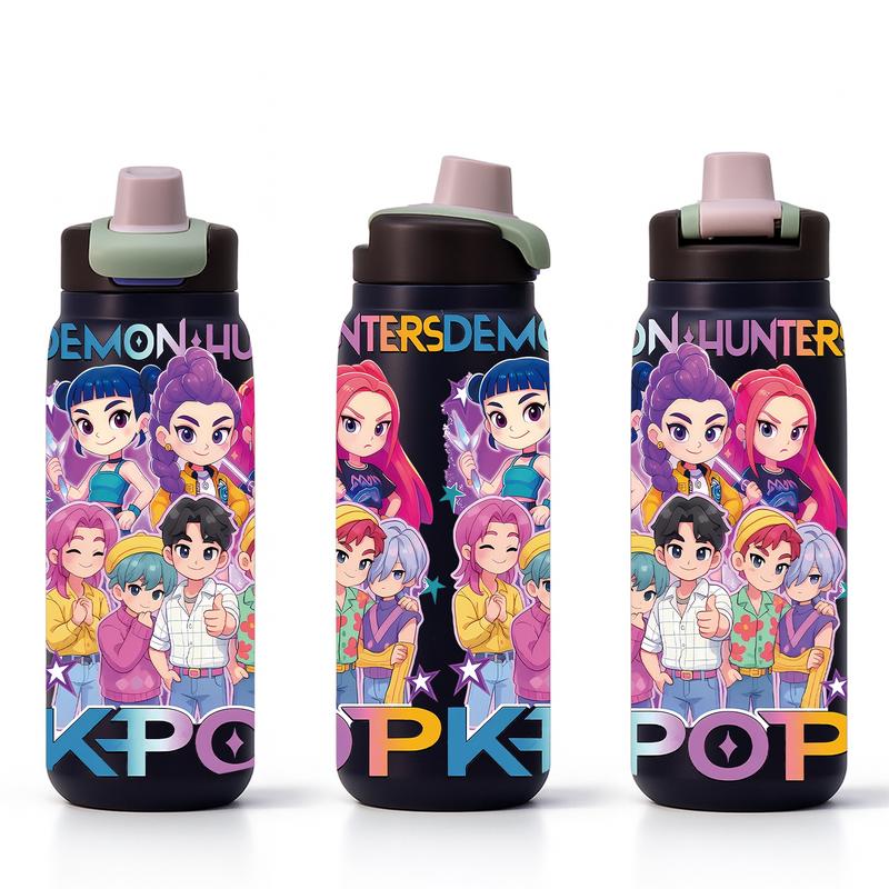 AuraCup 19/24/32oz KPop Demon Hunters Stainless Steel Tumbler, Vacuum Insulated Cup, Kpop Demon Hunter X Gen-Z Cat Atmosphere, with Lid and Straw, Keep Hot 12H / Ice Drinks 24H, Travel, Office, Gift for Music Lovers, Teens