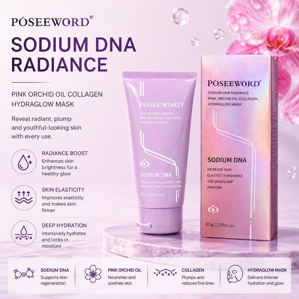 2 Pack Sodium Dna Radiance Orchid Oil Collagen Hydraglow Mask, Moisturizing Peel-Off Mask, Multi-Pack Liquid Form, No Allergen
