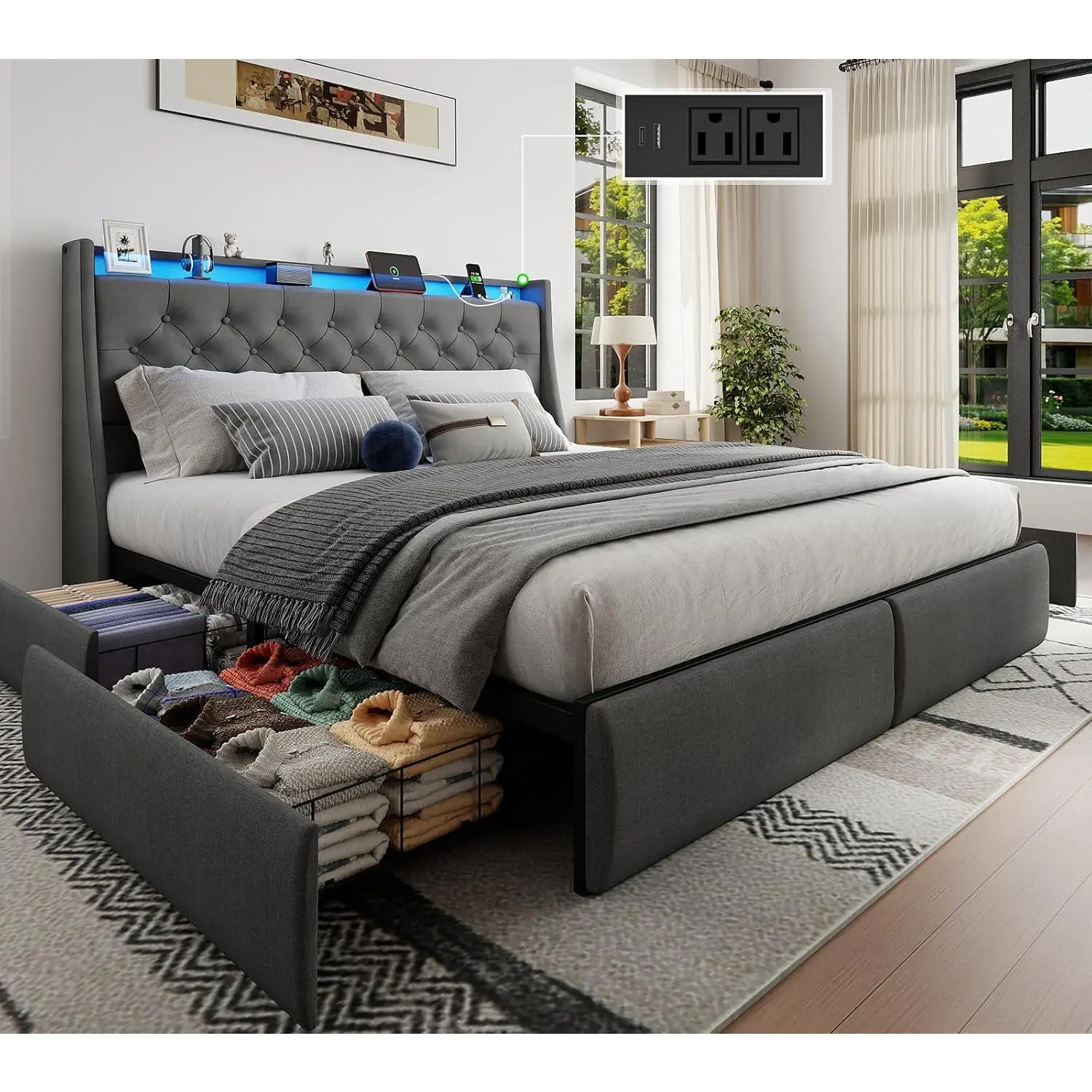 Queen Size Gray Upholstered Metal Platform Bed Frame with 4 Storage Drawers, LED-Lit Storage Headboard, Charging Station, Noise-Free Design, Easy Assembly, No Box Spring Needed