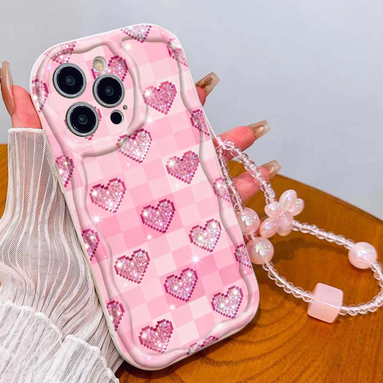 Grid Glitter Heart Lanyard Pattern Tpu Wave Edge Anti-Drop Phone Case for Apple iPhone 17 Pro Max/16/16 Pro Max/11/13/14/15, Girl's Gift