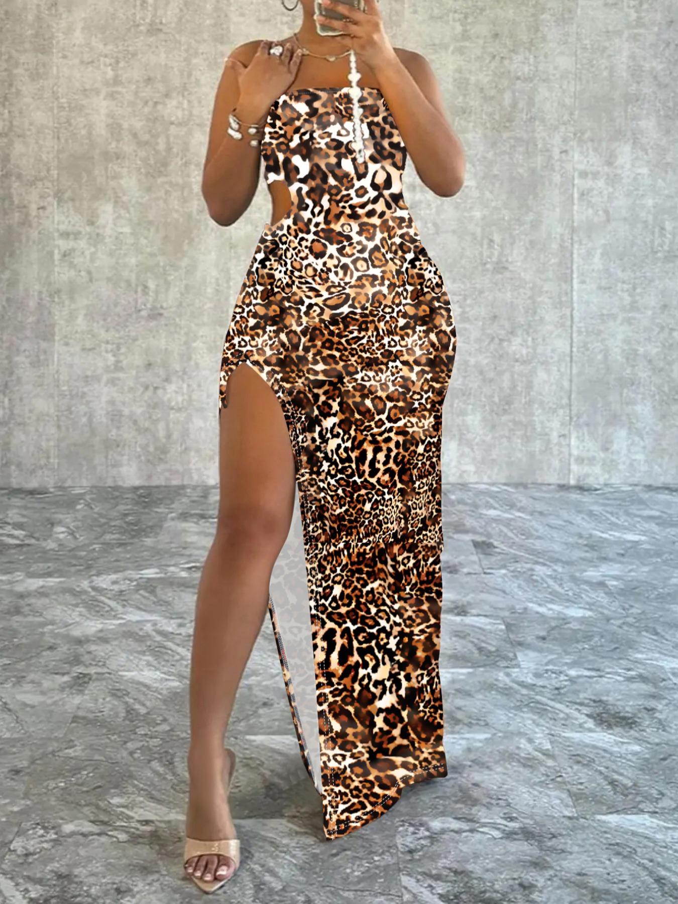 Women's Leaf Print Split Thigh Bodycon Dress, No Drawers Sundress, Mufti Clothes, Fit Sleeveless Cut Out Ruched Maxi Sun Dress, Fashion Women's Knitted Dress for Beach Holiday, Flattering Sleeveless Brown Womenswear, Lady Casual Fashionable Dress