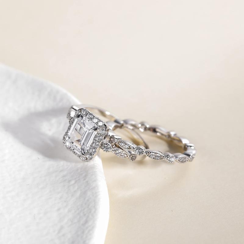 EAMTI 2CT 925 Sterling Silver Bridal Ring Sets Emerald Cut CZ Promise Rings Marquise Wedding Bands for Women