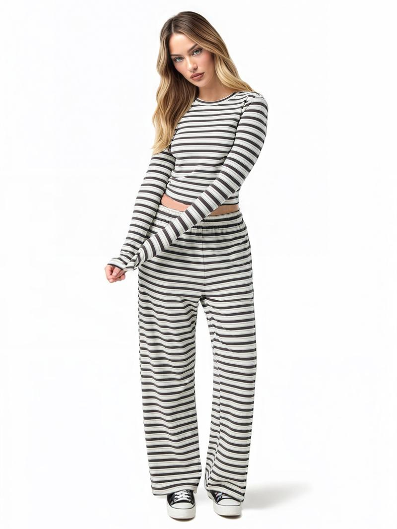 Women's Fashion Comfortable Slim Fit Striped Long Sleeve Top and Loose Pants Set, Casual Two-Piece for Daily Wear,Women's Fashion Comfortable Slim Fit Striped Long Sleeve Top and Loose Pants Set, Casual Two-Piece for Daily Wear,Airport Outfit