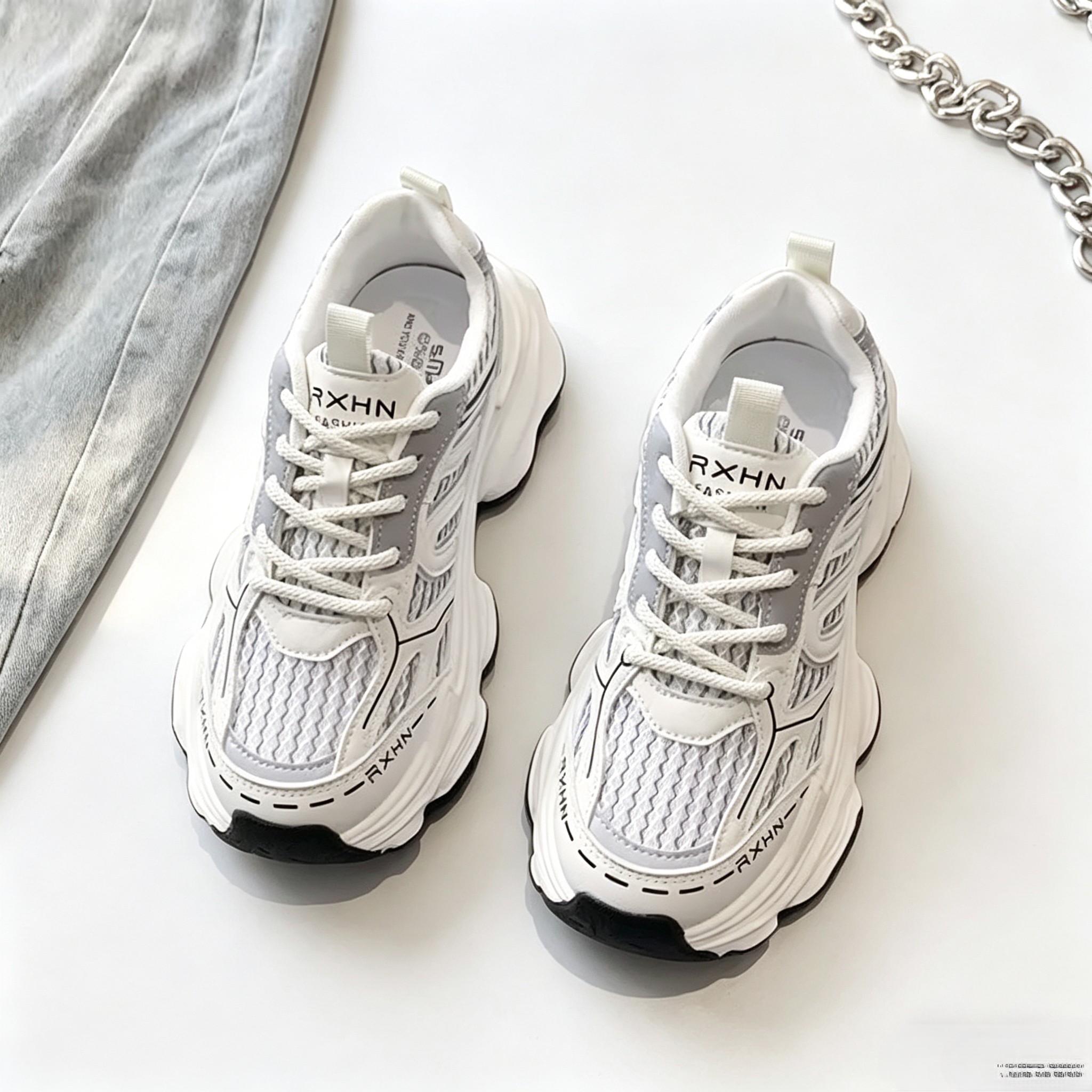 Women's Chunky Dad Sneakers, Breathable Mesh Platform Running Shoes, Non-Slip Casual Athletic Trainers, Lightweight Lace-Up Comfortable Walking Shoes for Everyday, Work, Gym & Streetwear - White Gray