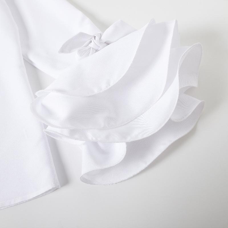 Flared Sleeves Bow-Embellished Falbala Solid Color Lapel Blouses&Shirts Tops Womenswear Casual Elegant Basic Outfit