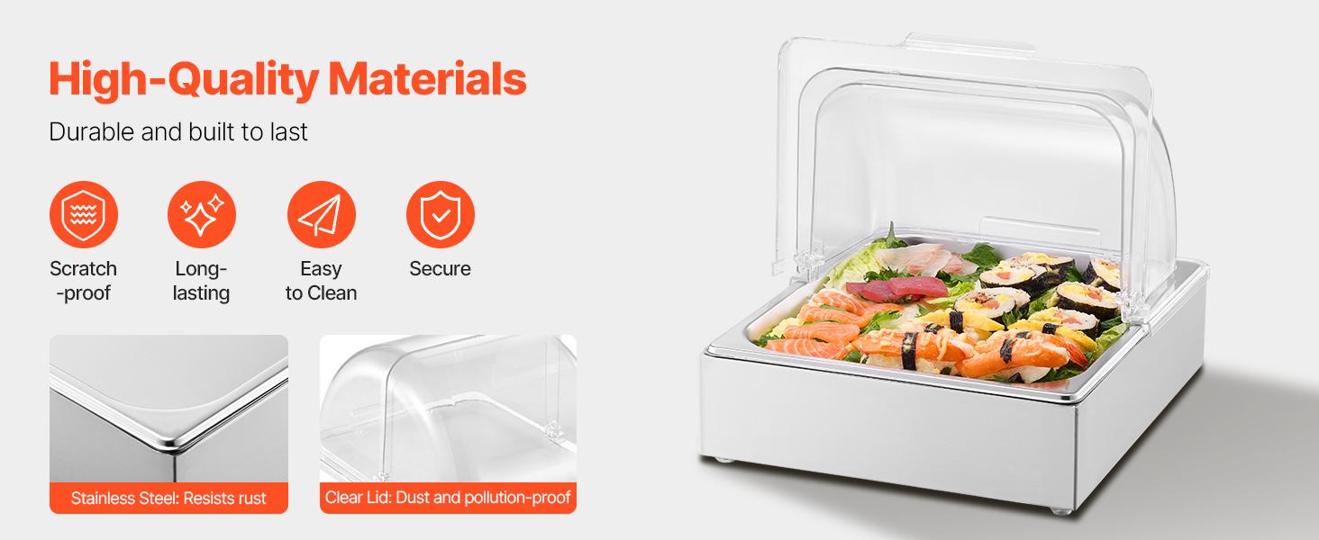 VEVOR Countertop Food Serving Display Container, 1x 1/2 Pan Stainless Steel Food Serving Tray, Buffet Condiment Dispenser Display Rack with Clear Lid Ice Tray, for Restaurant Hotel Kitchen Party VEVOR Countertop Food Serving Display Container, 1x 1/2 Pan Stainless Steel Food Serving Tray, Buffet Condiment Dispenser Display Rack with Clear Lid Ice Tray, for Restaurant Hotel Kitchen Party