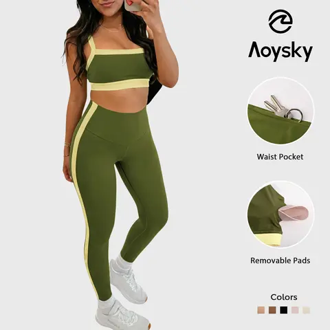 Aoysky Women's 2-Piece Yoga Activewear Workout Set - Slim-Fit Color Block Gym Apparel with Padded Supportive Bra, High-Waisted Stripe-Detailing Bottoms for Yoga & Run, Running Fitness