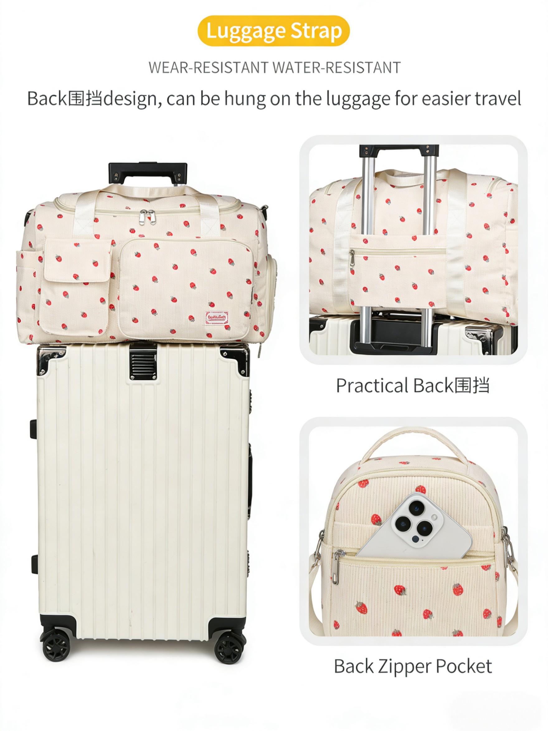 Strawberry Corduroy Handbag, Sweet Cute Style, Multi-Pocket Large Capacity, Crossbody Bag, Girl Short Trip Gym Commute Backpack