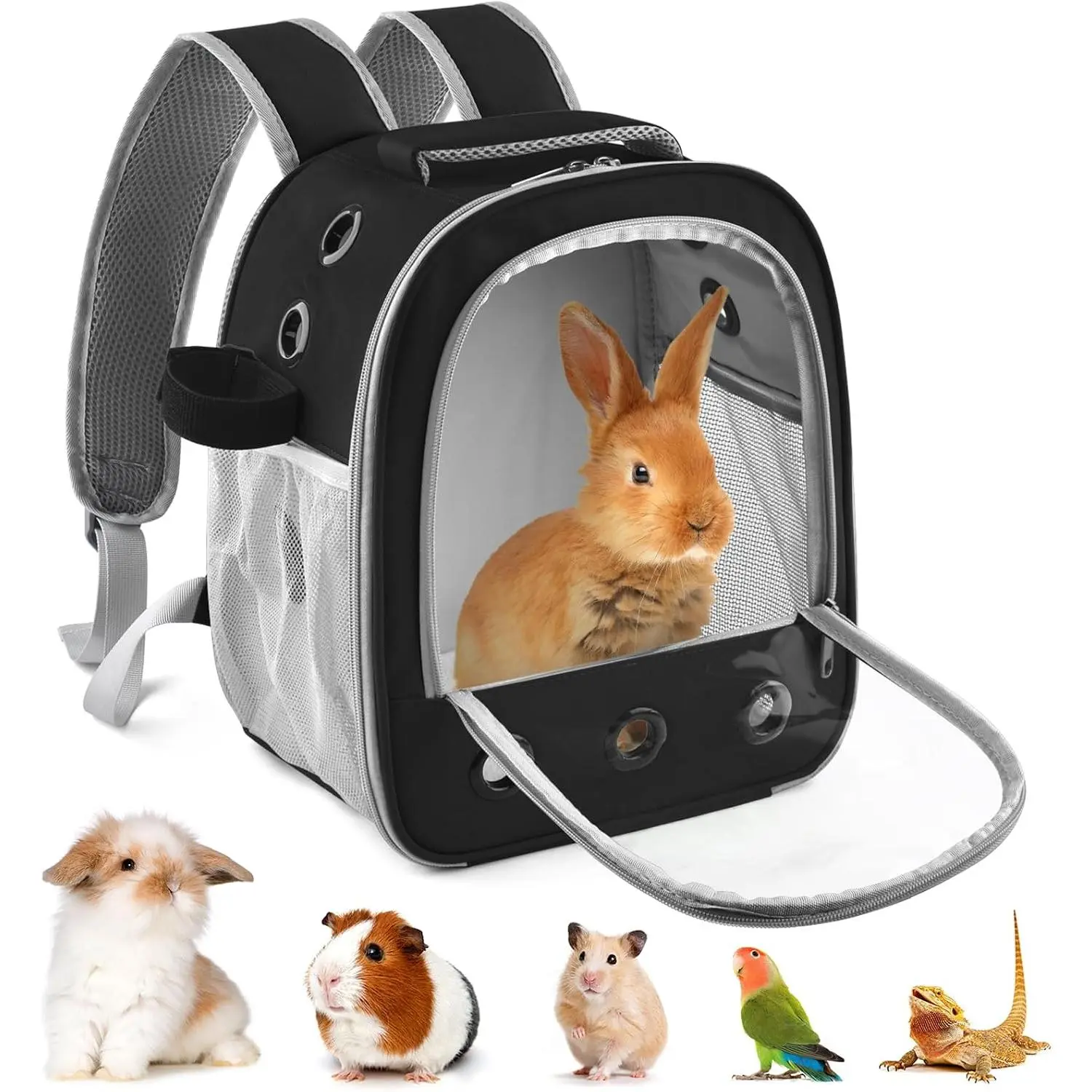 Guinea Pig Carrier Backpack, Portable  Travel Carring Bag for  Bunny Chinchilla Bearded Dragon Hamster Parrot Outgoing Pouch Case with Water Bottle Holder & Detachable Pad (Black)