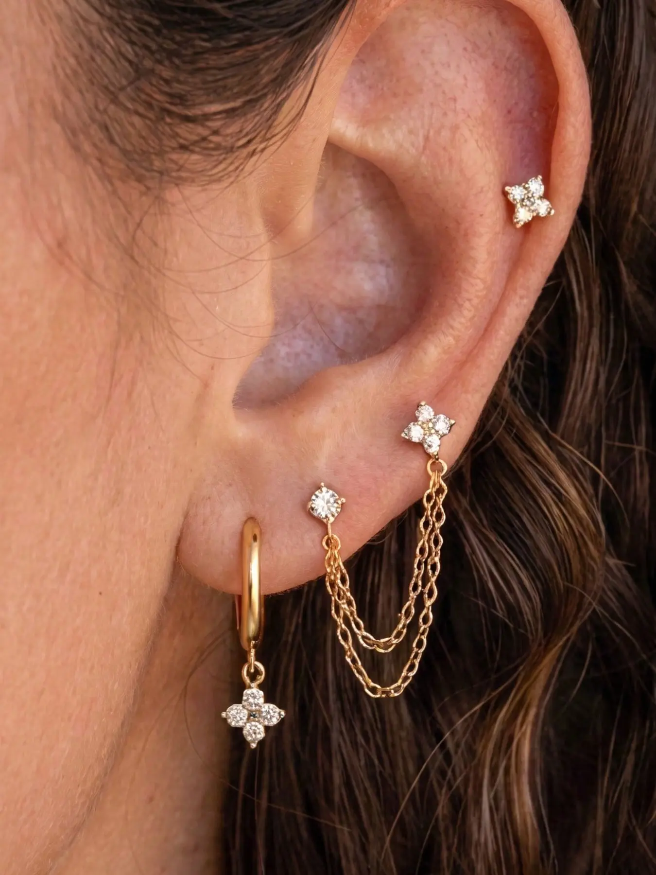 5 Pcs Zircon Stackable Earrings Set, Elegant Four-Leaf Clover Studs, Chain Fringe Ear Cuffs, Square Diamond Earrings, Wedding Jewelry, Earring Stacking Set