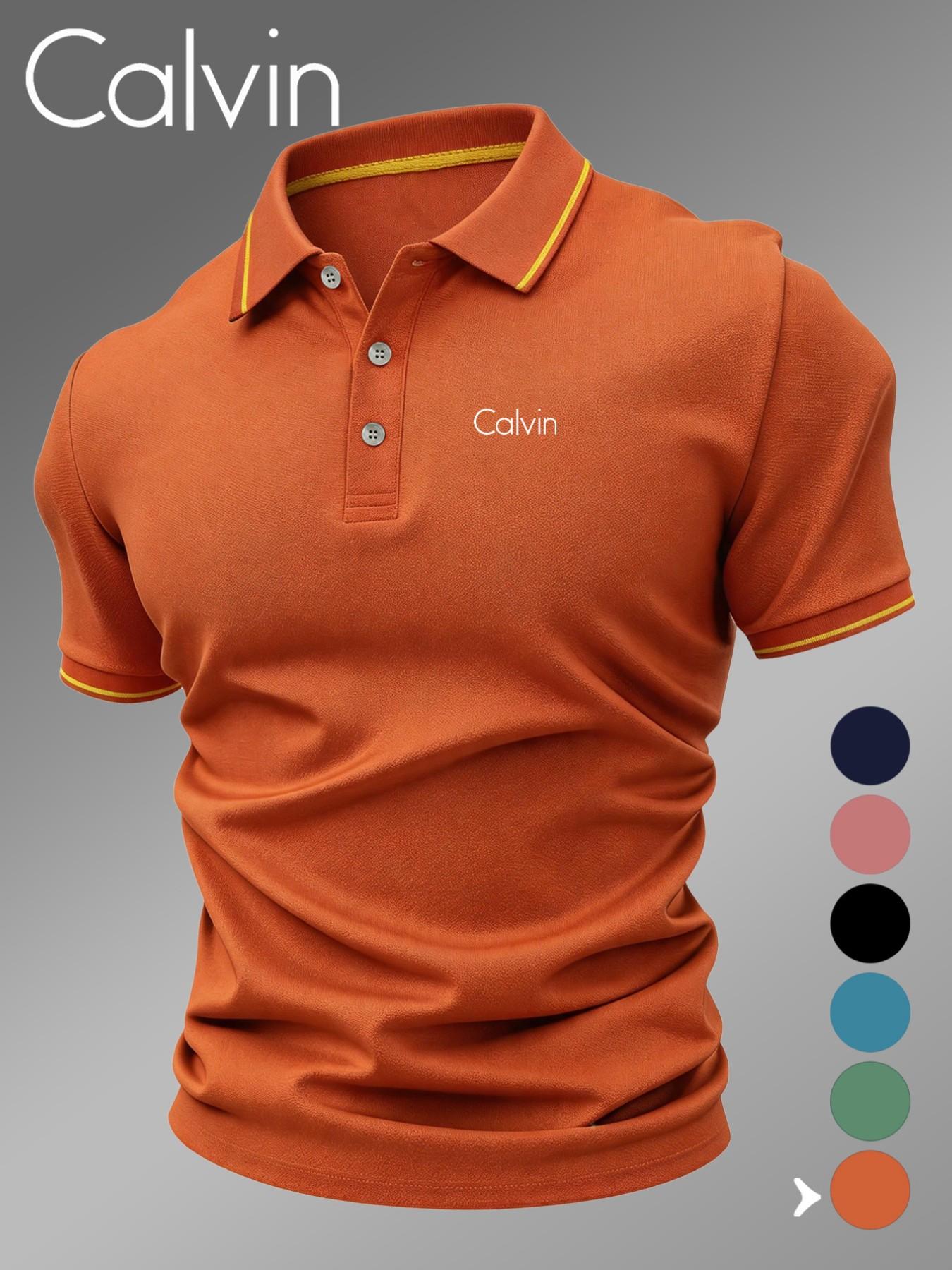 Lb5030 Classic Calvin Logo Print Men's Polo Shirt, Fitted Geometric Pattern, Casual Style, Breathable and Comfortable, All-Season Wear