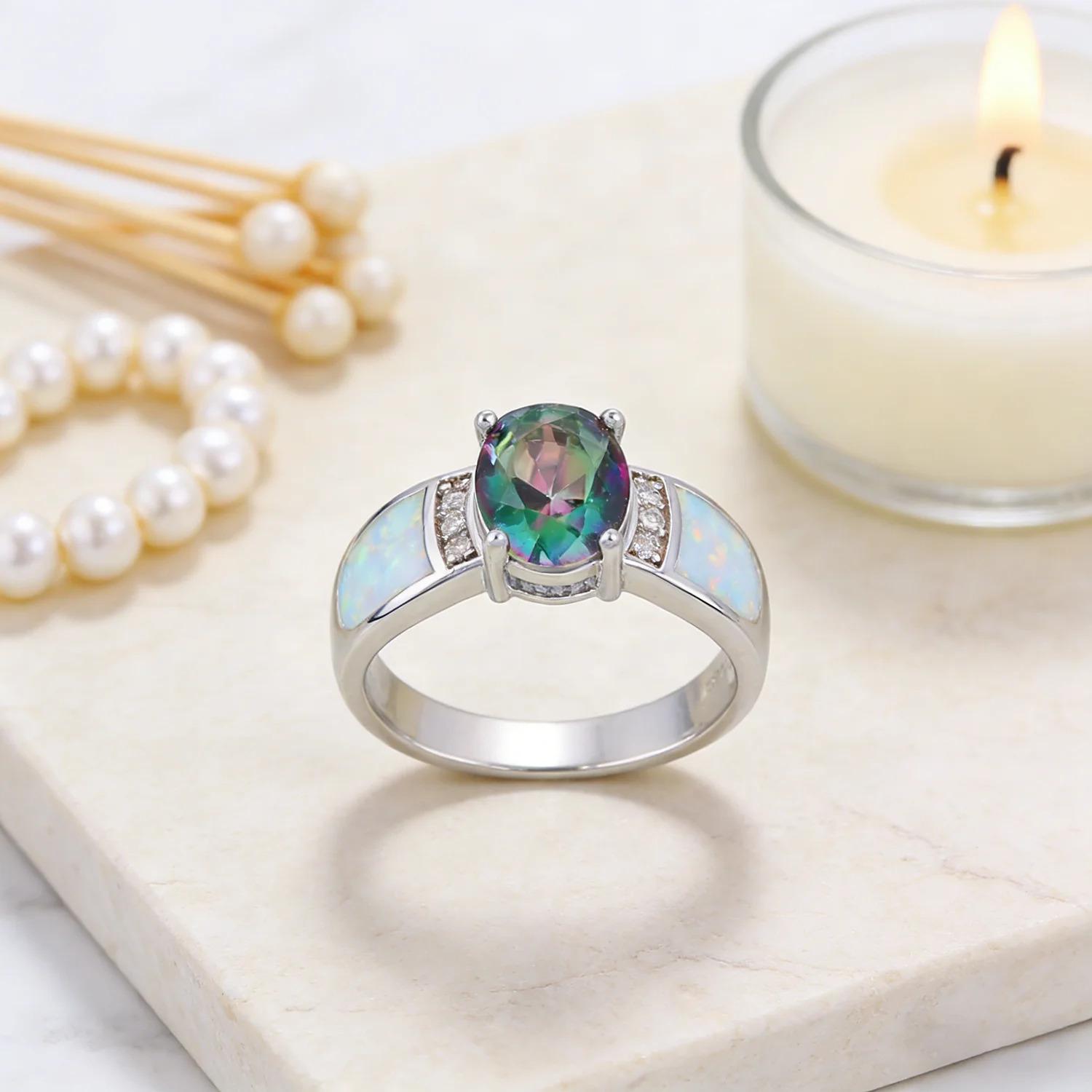 White K Plated Synthetic Fire Opal Colorful Zircon Fashion Jewelry For Women Cocktail Ring Anniversary Gifts for Her