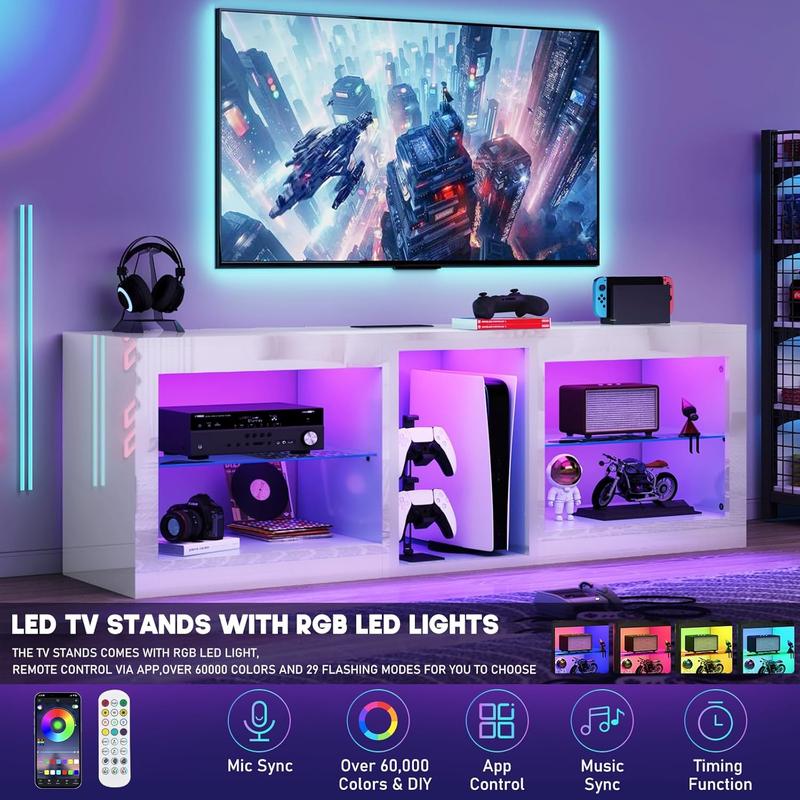 55/63/71/81 inch LED TV Stands W/Power Outlet,Black Entertainment Center W/70000-Colors Lights,High Gloss LED TV Console w/Adjustable Glass Shelves for Living Room Gameroom