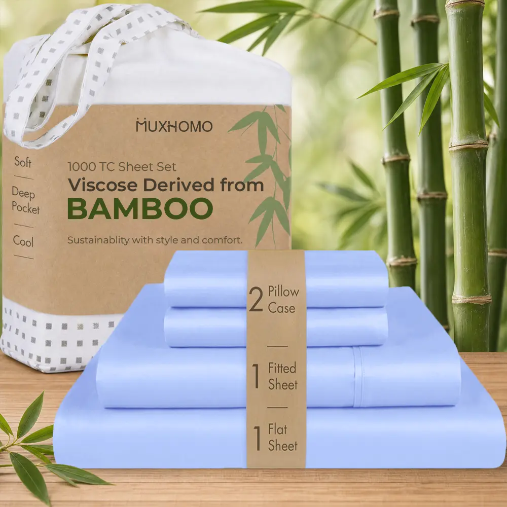 MUXHOMO 3/4pcs Extra Deep Bamboo Cooling Bedding - Rayon Derived From Bamboo, Breathable & Soft, Summer Cooling Fiber Bottom Bed Sheets Set For Hot Sleepers, Deep Pocket Up To 14" Sheet Set