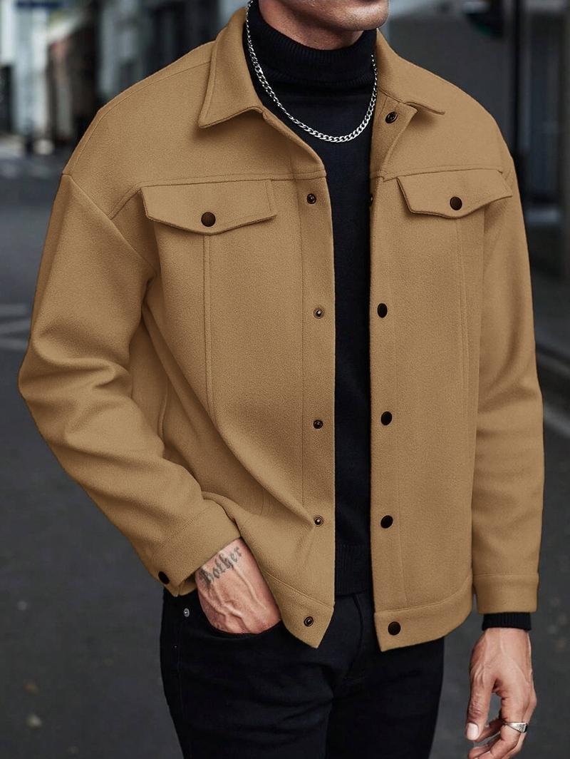 Men's Plain Color Flight Jacket for Autumn and Winter, Classic Stand-up Collar Design with Single-row Button Closure, American Vintage Coat, Back-to- Jacket, Motorcycle Suit. Casual Fashionable Jacket Workwear Jackets