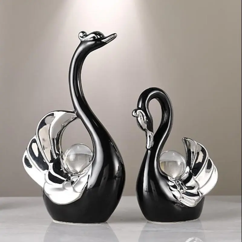 Elegant Crystal Ball Swan Ornament, Luxury Home Decor, Fashionable Ceramic Sculpture, Living Room and Entryway Decoration, TV Stand Gift Idea, 2pcs