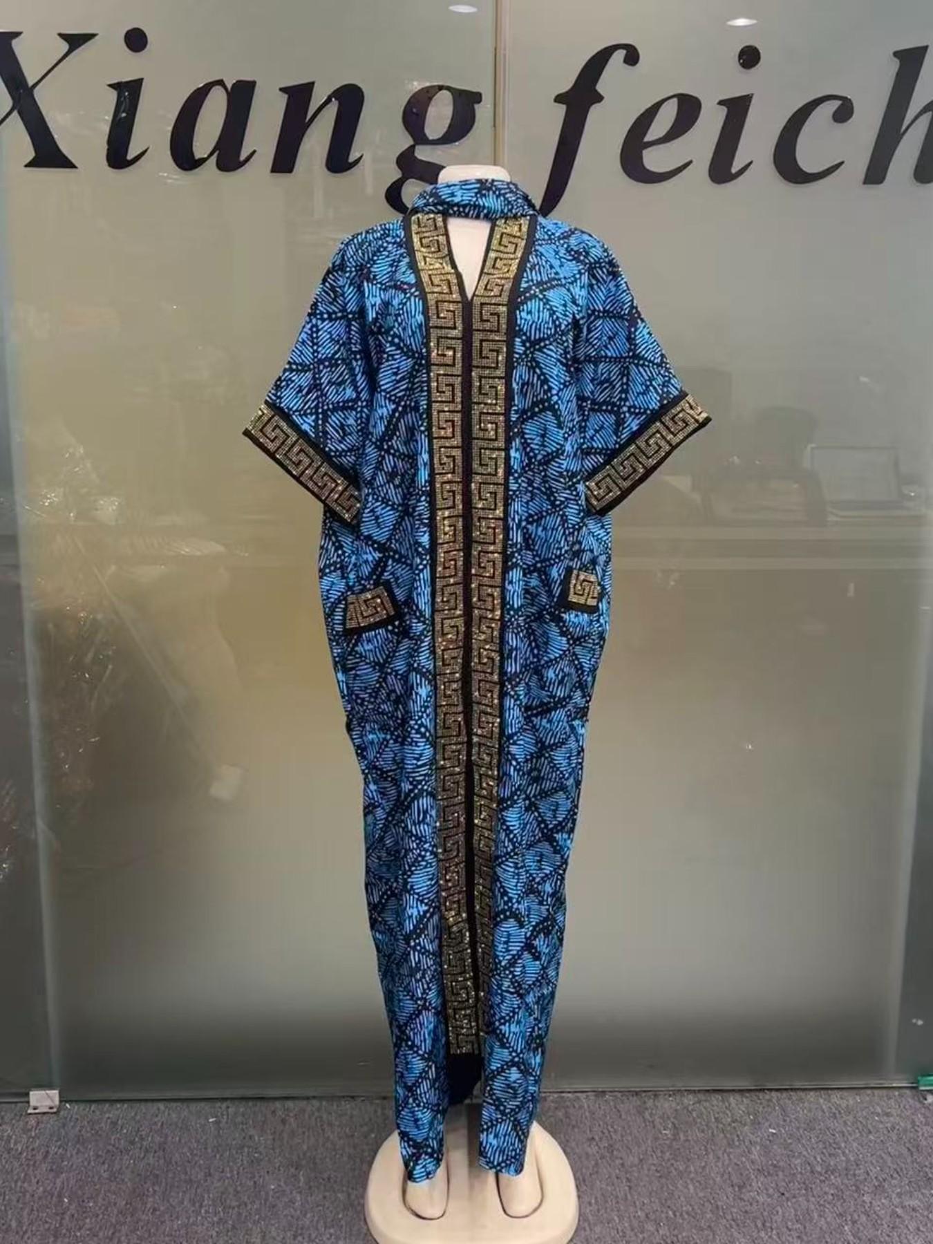 Plus Size African-Style Kaftan Dress for Women, Geometric Print Ethnic Loose V-Neck Boubou with Pockets for Casual Boho Chic Party Wear, Comfortable and Stylish