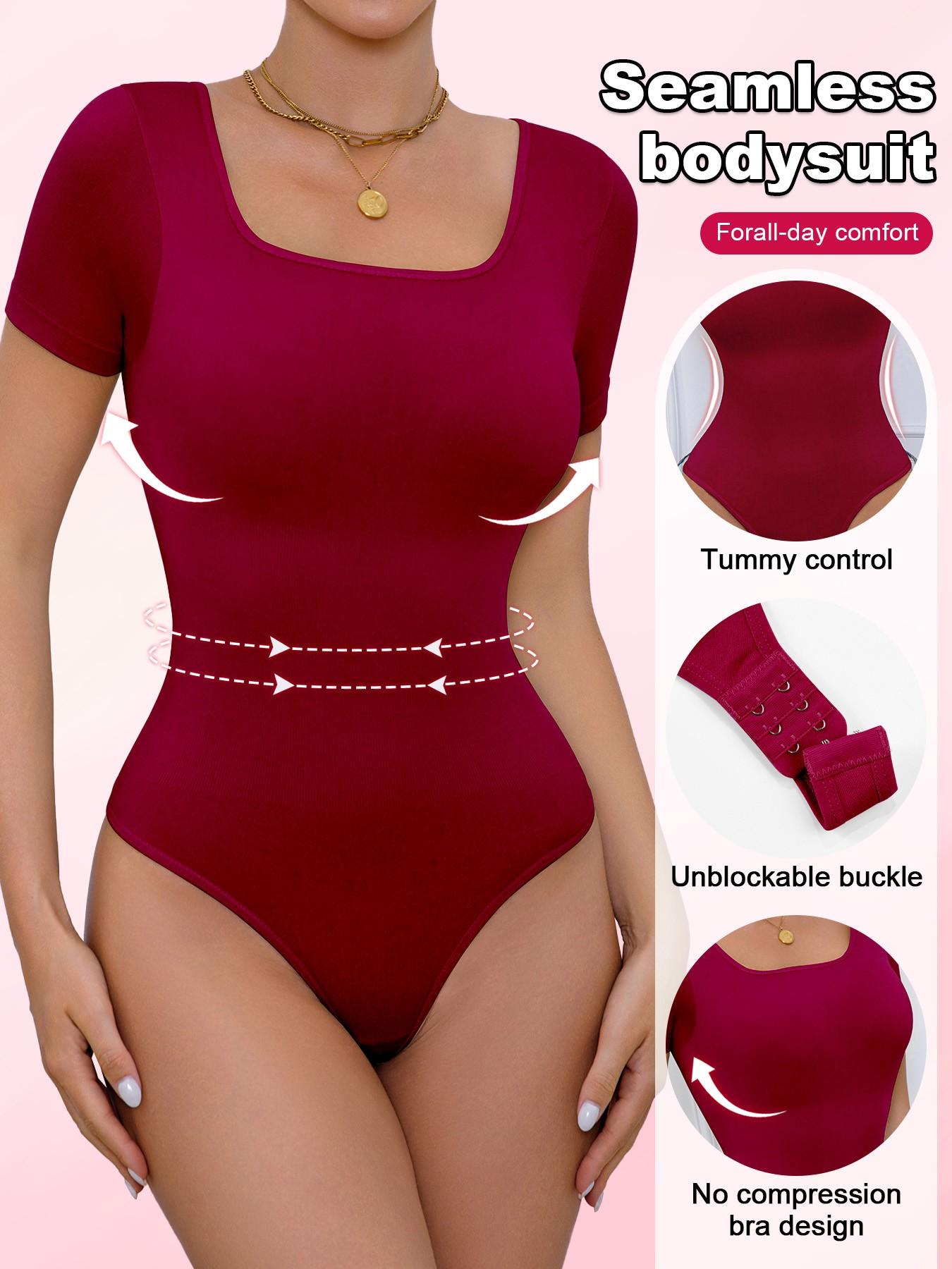 Women's Seamless Shapewear Bodysuit Set, Slimming Waist Abdomen Control Short Sleeve Crop Bodyshaper, All Seasons Minimalist Style