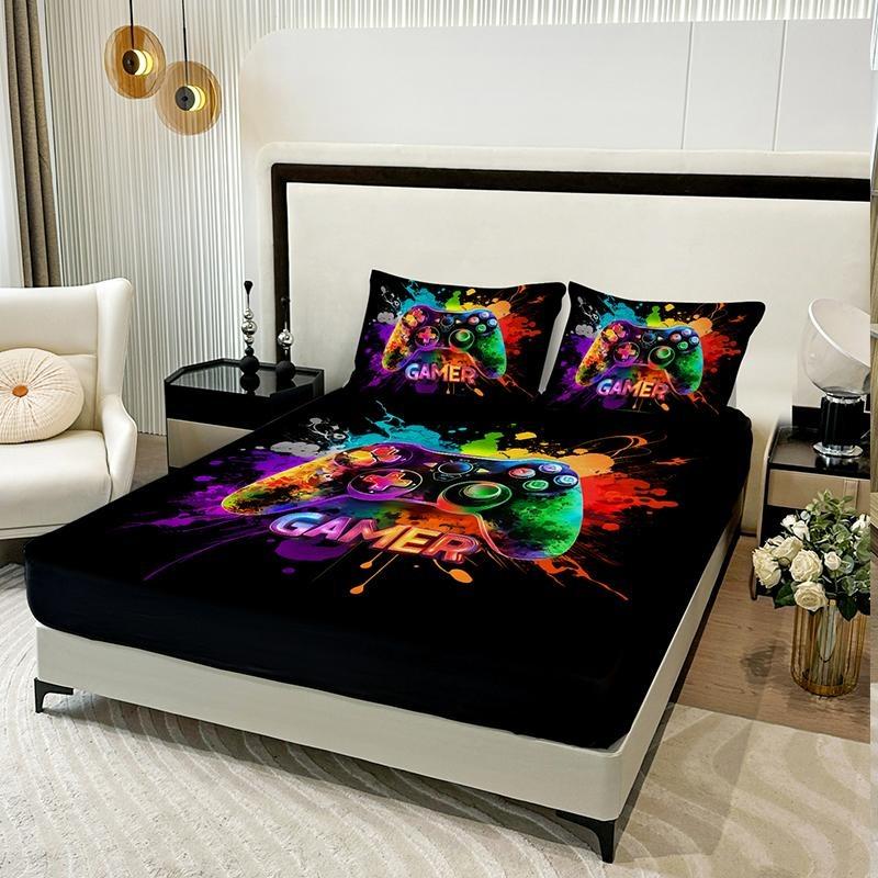 3-Piece Game Controller Bedding Set, Includes Fitted Sheet & Pillowcases, Breathable Polyester Fiber, All Seasons, Gaming Theme