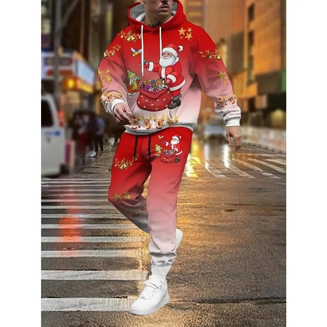 Christmas 3D Print Hoodies Suit Christmas Santa Claus Man Woman Tracksuit Pants 2pcs New Year Party Casual Pullover Set