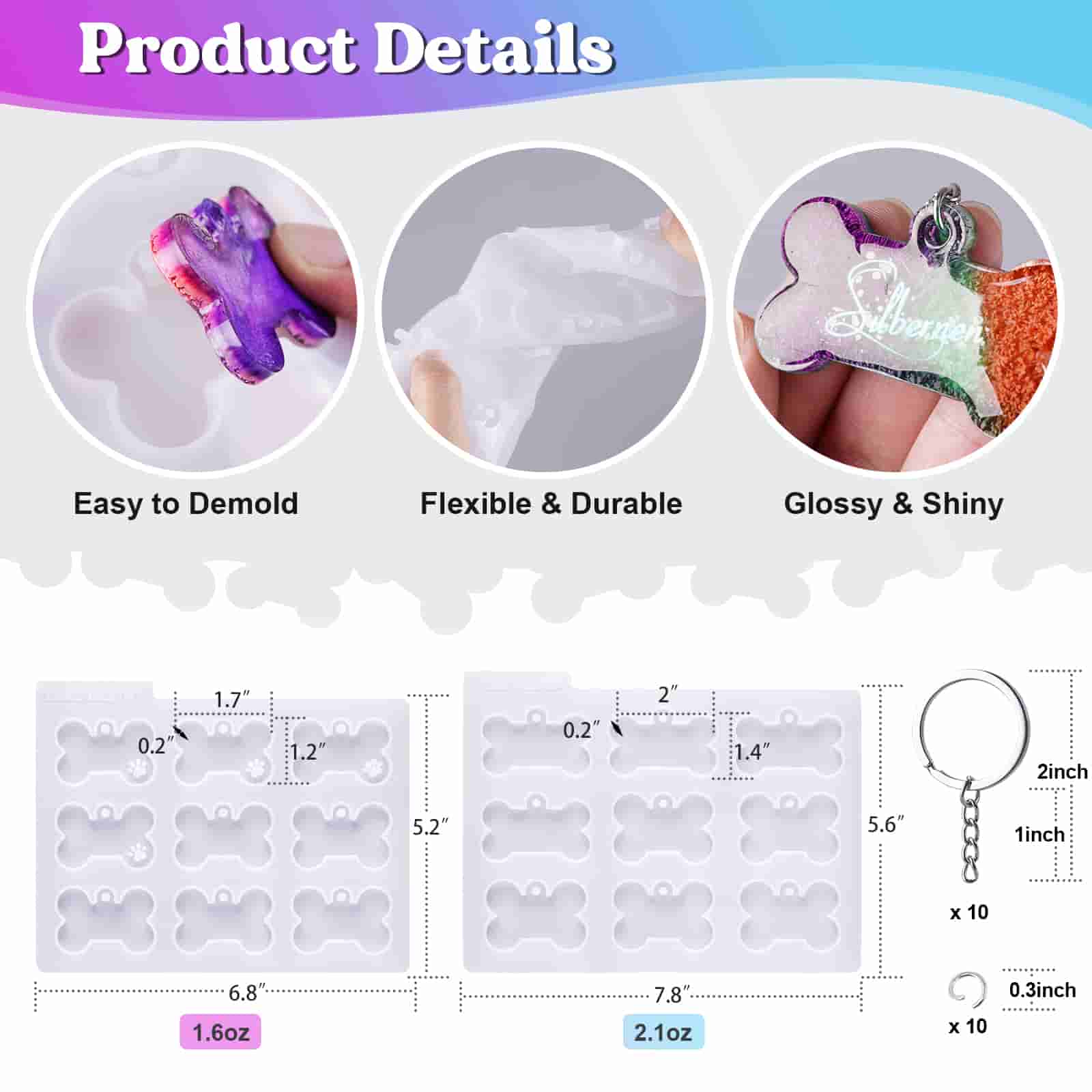 Pet Tag Resin Molds Silicone For Cat Dog, Bone Shape Keychain Molds with 10 Count Key Ring & 10 Count Jump Ring, DIY Keychain Pendant Charm Crafts - LET'S RESIN