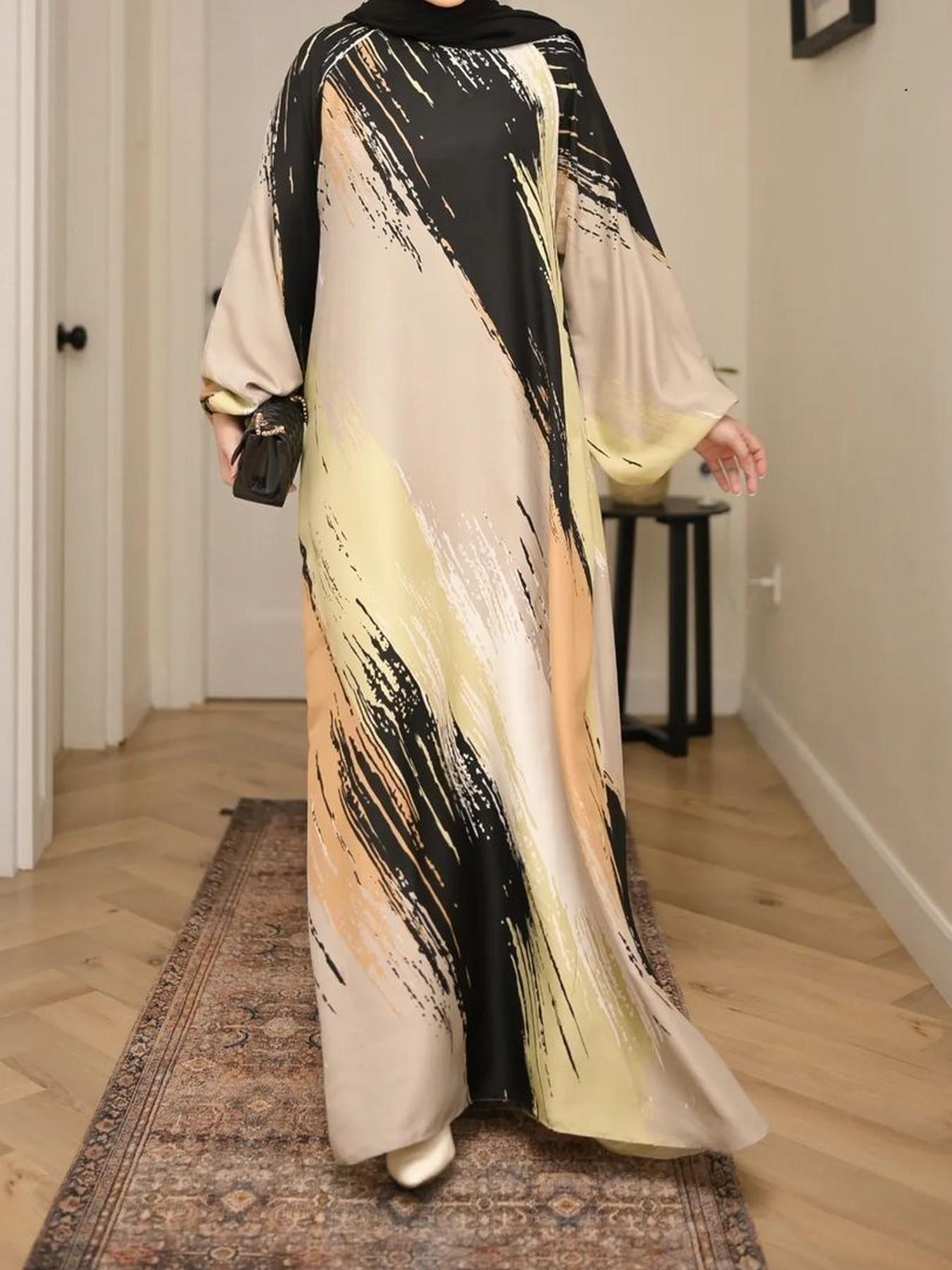 New Summer-Autumn Watercolor Print Long Robe for Women, Loose Fit Slimming Dubai Turkish Abaya Muslim Dress, Ideal for Daily Commute, Dates, Parties