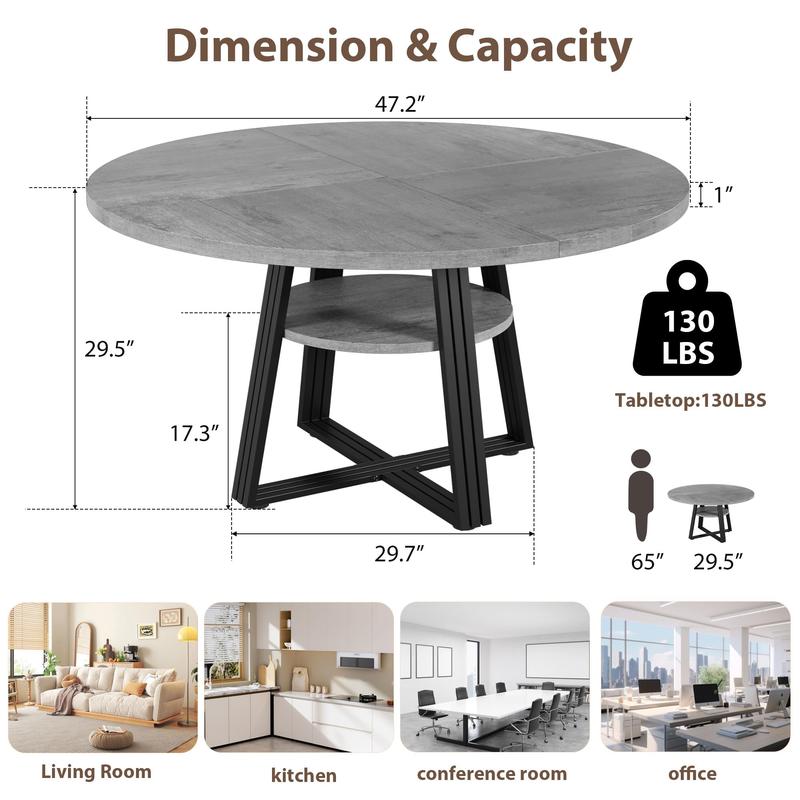 Round Dining Table for 4-6, 42" Kitchen Table with Storage, Circle Dinner Tables for Kitchen, Dining Room, Living Room, Meeting Room, Apartment